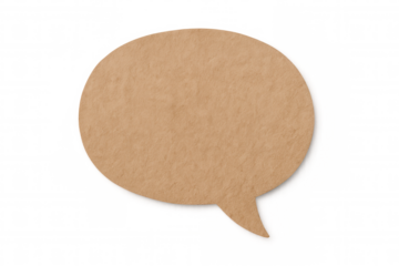 Cardboard speech bubble symbolizing communication, featuring a rough texture and isolated on a transparent background for versatile use