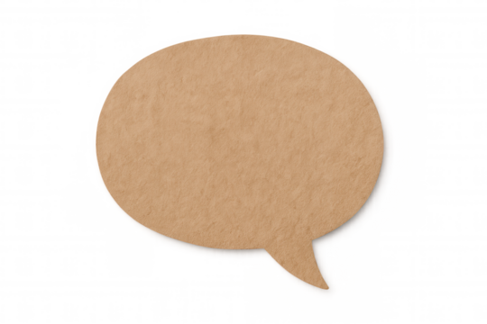Cardboard speech bubble symbolizing communication, featuring a rough texture and isolated on a transparent background for versatile use