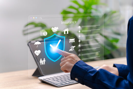 Insurance and Protection Interface Concept, Businesswomen Use Digital Platform for Secure Policy Management, Risk Coverage, Online Claim Process, Financial Safety, Health, Vehicle Insurance Services