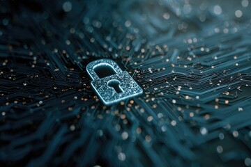 Glowing padlock icon on a circuit board, symbolizing digital security and data protection
