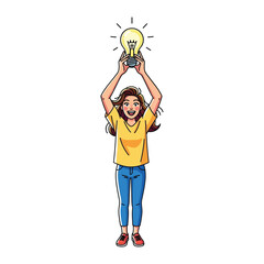 Brilliant Idea: A cheerful woman joyfully raises a glowing lightbulb overhead, embodying the spirit of creative thought and innovation in a modern, vibrant illustration.