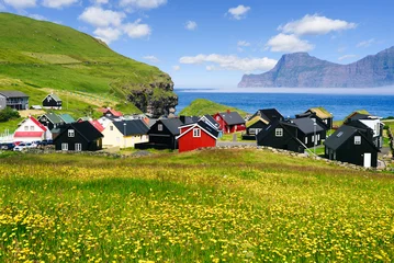 Selbstklebende Fototapeten Insel Scenic Village of Gjogv with Colourful Houses and Ocean View, Faroe Islands  © Oleksandr Kotenko