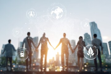 Silhouetted team holding hands, facing sunrise over cityscape, with overlaid sustainability & technology icons