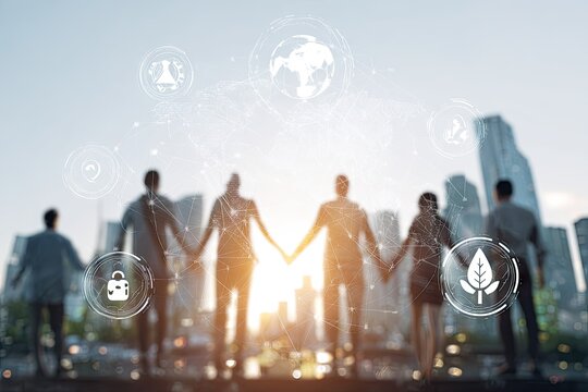Silhouetted team holding hands, facing sunrise over cityscape, with overlaid sustainability & technology icons
