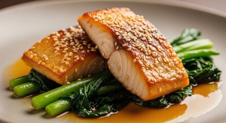 Perfectly seared sesame crusted salmon served with vibrant green vegetables