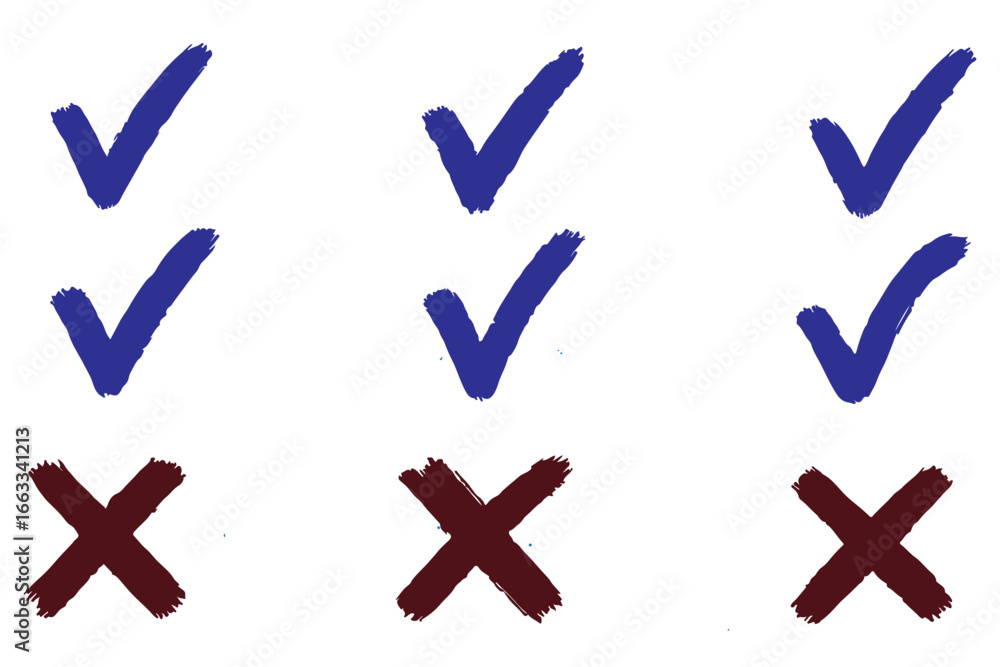 Poster check marks doodle black line element set, tick and a cross, empty thin box and arrow sign. grunge h