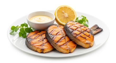Delicious grilled salmon steaks presented with a creamy sauce and fresh lemon