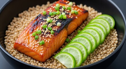 Gourmet salmon fillet presentation with lime and sesame seeds on pearl barley