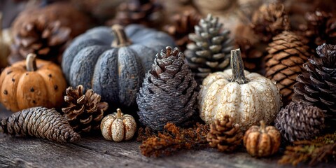 A Beautiful Arrangement of Autumnal Pumpkins and Pinecones Creates a Cozy Seasonal Atmosphere Perfect for Fall Celebrations and Decorations