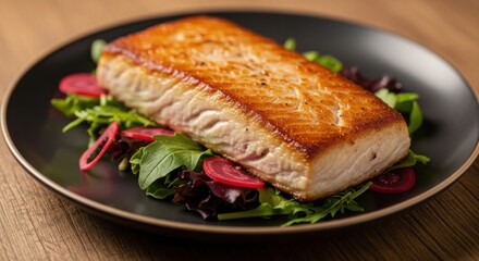 Gourmet culinary presentation: pan seared salmon fillet served on fresh greens