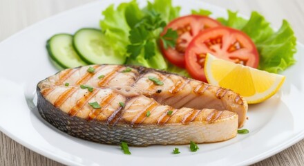 Grilled salmon steak with fresh salad, vegetables and lemon on a white plate