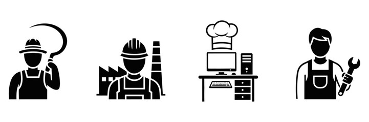 Black glyph icon set illustrating various job professions, including agriculture, industry, culinary tech, and mechanic.