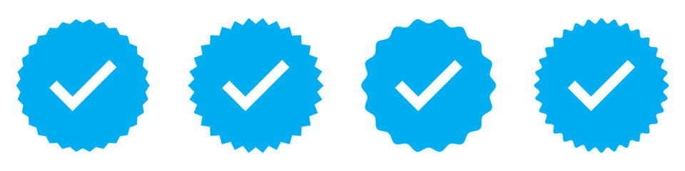 Blue tick mark icon on white background. White tick on blue circle. Set of 4 blue tick mark on isolated white background. EPS 10.  Approve icon set .