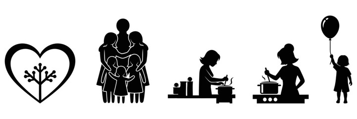 Diverse Family Icons Heart with Tree, Family Hugging, Cooking Scenes, and Child with Balloon