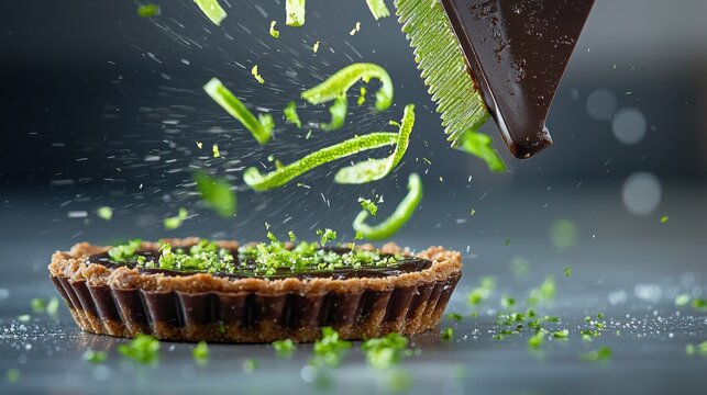 Premium chocolate dessert with lime zest garnish captured mid-preparation showing professional culinary technique with microplane grater in elegant restaurant setting