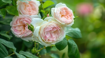 Lush Bank's Rose with soft pink and creamy white petals, full blooming blooms, and thorny green stems, growing in a sunny garden bed surrounded by fresh green foliage, exuding romantic and delicate na