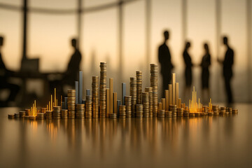 Financial Skyline: A compelling financial concept illustration where stacked gold coins dynamically form a skyline, silhouetted against an impressive business meeting background.