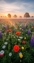 Serene sunrise over a misty meadow filled with a vibrant tapestry of poppies, lupines, and daisies