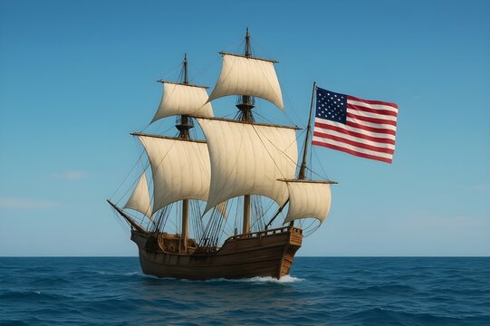 Historic wooden sailing ship with the American flag waving at sea under a clear sky. Wide empty space on the right side makes it perfect for copy space, ideal for Columbus Day, exploration