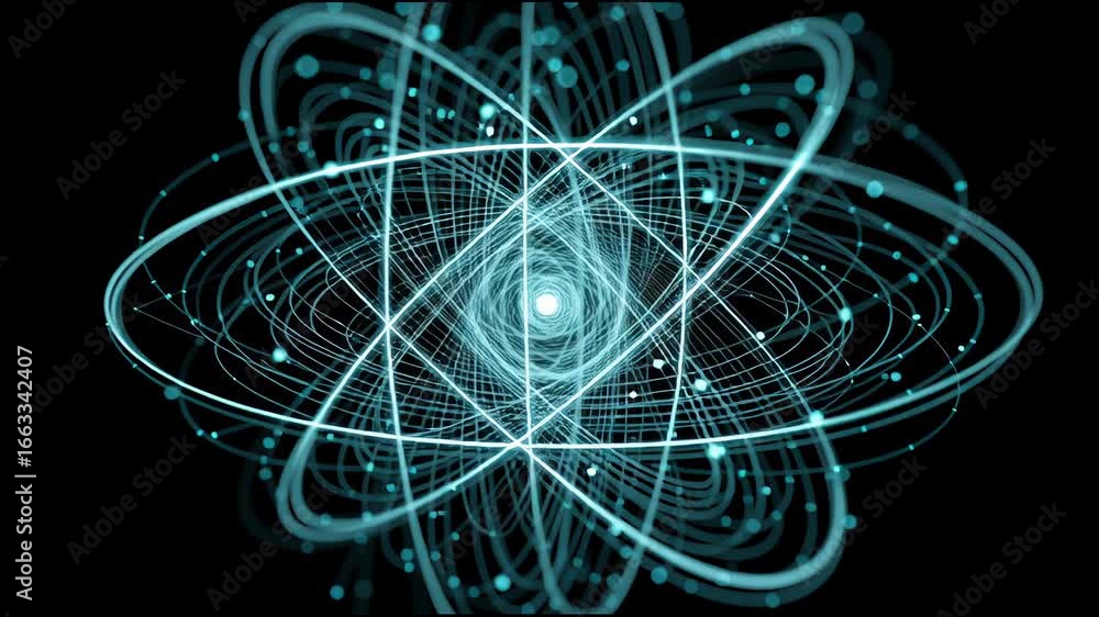 Poster visual representation of atomic structure and electron movement in a captivating light display