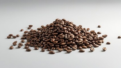 Obraz premium A delightful pile of rich brown coffee beans are scattered across a plain white surface, ready to be ground and brewed into a fragrant and flavorful beverage.