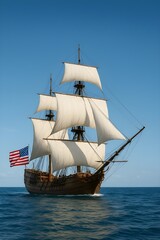 Classic wooden sailing ship with white sails and the American flag, sailing on the blue ocean. The composition with wide empty sky above provides excellent copy space, perfect for Columbus Day designs