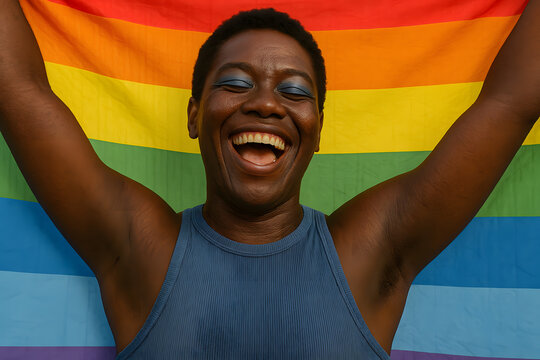 Embracing Identity: A smiling person joyfully raises a vibrant rainbow flag in a show of pride, embodying the spirit of unity and self-expression