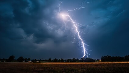 Dramatic Lightning Strike Over Rural Field At Night