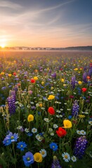The serene beauty of a colorful wildflower meadow basking in the warm glow of a summer sunrise