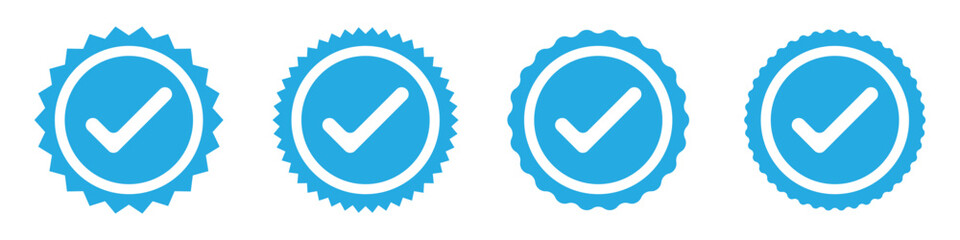 Blue tick mark icon on white background. White tick on blue circle. Set of 4 blue tick mark on isolated white background. EPS 10.  Approve icon set . © Line Wave
