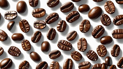 Scattered roasted coffee beans create an attractive, inviting pattern on a clean, white surface, perfect for advertising or coffee shop decorations.