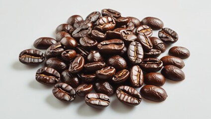 Fototapeta premium A close up studio shot reveals an inviting pile of dark roasted brown coffee beans with deep cracks isolated against a bright smooth white background surface here.