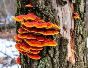 Bright orange fungus on tree bark