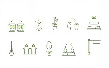 Line vector icons of urban greening: city trees, green bus stop, community garden, rooftop park, eco wall, street planter, vertical garden, flower pole. High quality