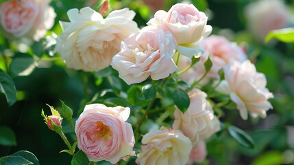 Lush Bank's Rose with soft pink and creamy white petals, full blooming blooms, and thorny green stems, growing in a sunny garden bed surrounded by fresh green foliage, exuding romantic and delicate na