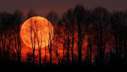 Huge Orange Moon Behind Silhouetted Trees At Sunset