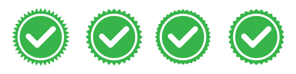 Green tick mark icon on white background. Vector check mark on isolated white paper. Certificate green vector icon set. Checklist vector icon set of 4 on white background.  Vector isolated icon set.