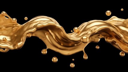 A flowing, golden liquid splash with droplets against a black backdrop, creating a dynamic and elegant visual - Powered by Adobe