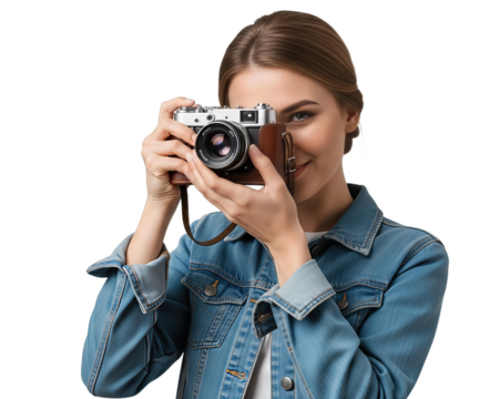 Smiling woman with vintage camera capturing a moment, perfect for travel, lifestyle, and photography projects