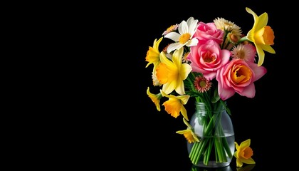 Obraz premium Vibrant yellow roses, daisies, and daffodils in a glass vase against a stark black background, photography, flower vase