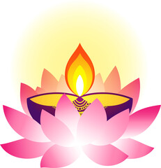 A glowing diya on pink lotus illustration