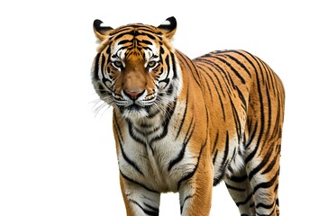 Fototapeta premium Majestic tiger standing isolated on white background looking at the camera