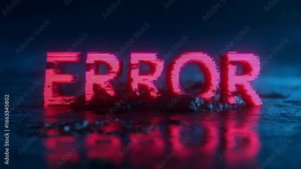 Poster error message displayed with a glitch effect and reflections in a dark environment at night