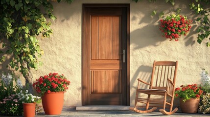 Naklejka premium Charming Wooden Door Surrounded by Colorful Flowers and Plants