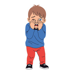 Child's Distress: A young child, overcome with distress, covers their eyes with their hands, embodying a moment of vulnerability and raw emotion.