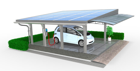 3D-Carport mit Solardach, Solarpanel auf dem Dach mit E-Auto, Elektroauto an der Ladestation mit grünen Pflanzen auf transparenten Hintergrund, isoliert