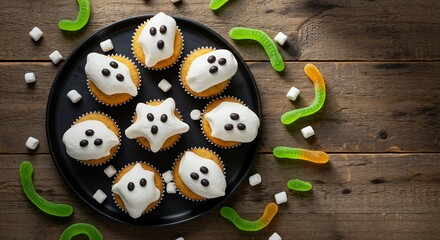 Ghostshaped cupcakes with chocolate chip eyes on a black plate surrounded by candy worms and marshmallows on wood
