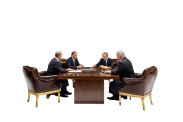 Executives discussing business strategy at a large wooden conference table with focus on synergy on transparent background