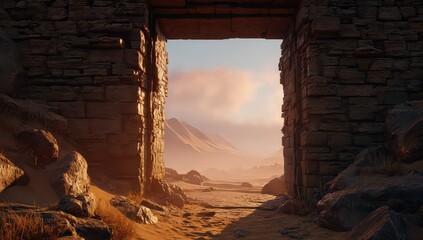 Ancient Egyptian Desert Portal With Sunrise View