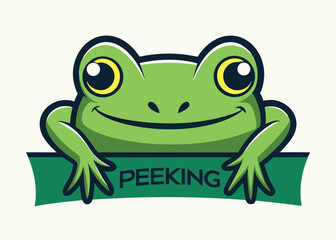 Obraz premium A cheerful cartoon frog with large, expressive eyes peeks out from behind a dark teal banner that says 
